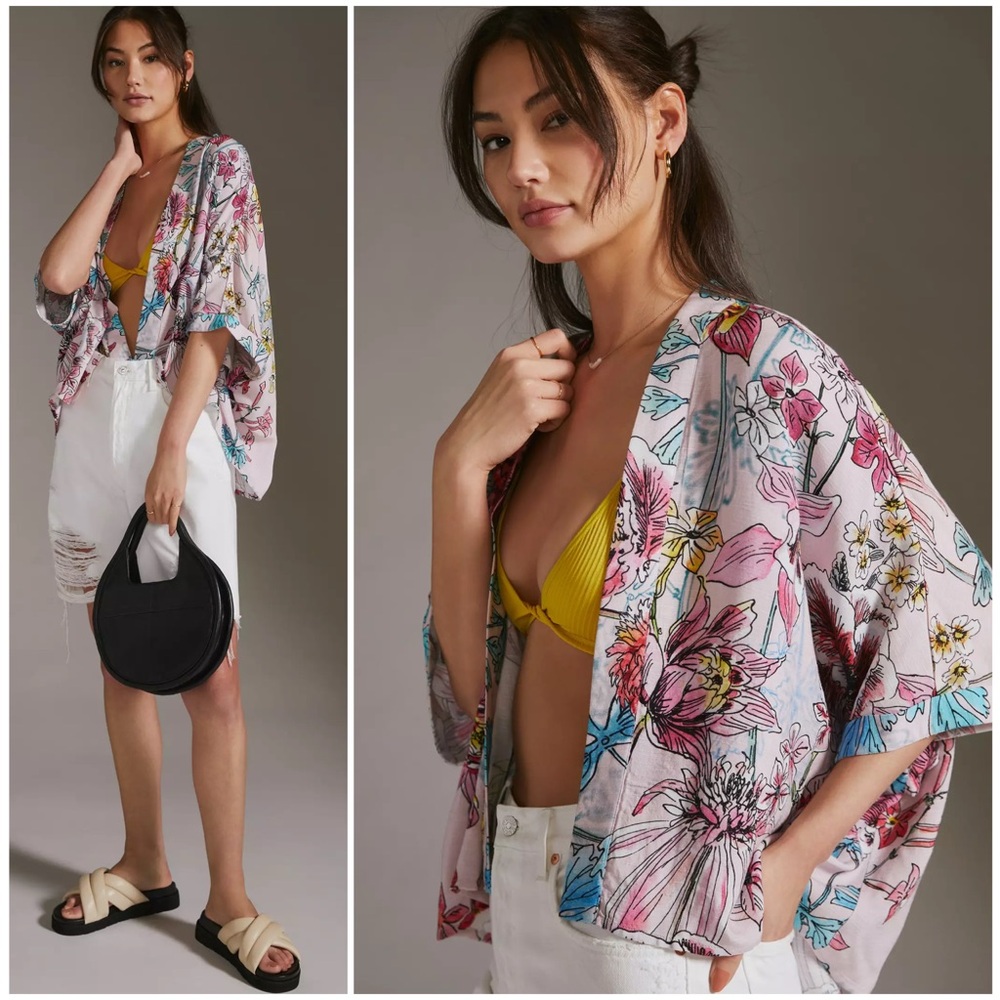 ANTHROPOLOGIE NWT OS / S M L BL-NK Mixed Print Floral Kimono Cardigan Topper